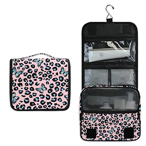 senya Hanging Travel Toiletry Bag Kit Makeup Case Cosmetics Organizer for Men Women - color: Blue Butterfly Leopard Print
