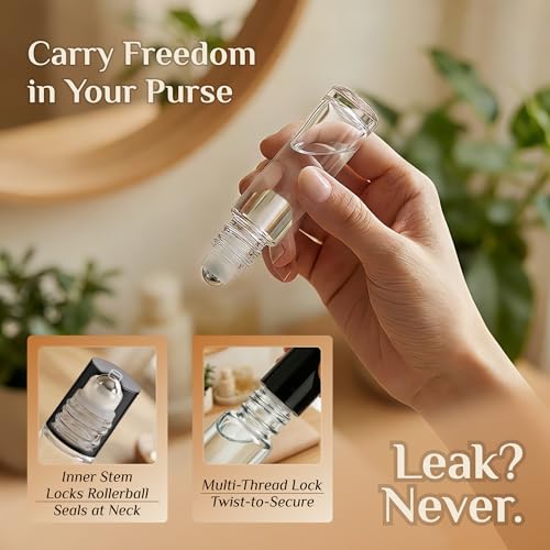 PrettyCare 12 Pack, 10 ml Essential Oil Roller Bottles with Stainless Steel Roller Ball - Refillable Leak-proof Empty Thick Clear Glass Roll on Bottles with Black Caps for Travel, Perfume - color: Clear with Black Cap, size: 12 Pack
