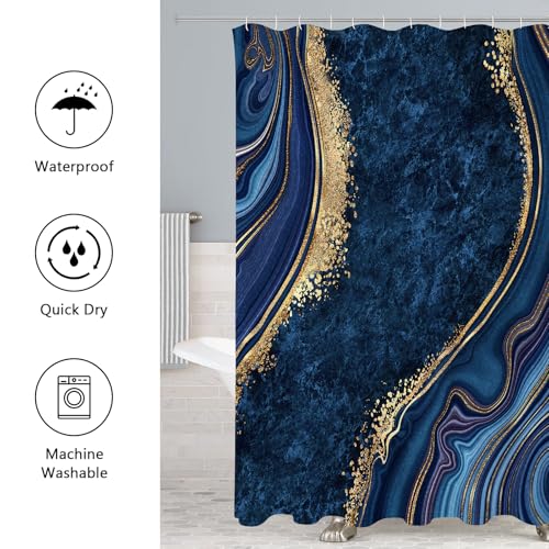 Gibelle 4 Pcs Luxury Marble Shower Curtain Set with Non-Slip Rugs, Toilet Lid Cover and Bath Mat, Gold Foil Navy Blue Bathroom Decor Set with Shower Curtain and Rugs and Accessories - color: Navy Blue