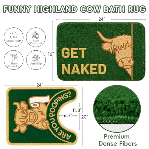 2PCS Highland Cow Bathroom Rug Set, Funny Non Slip Bath Mat & Toilet Rug | Matching Highland Cow Design • Funny Farmhouse Bathroom Decor • Quick Dry • Absorbent • Great Housewarming Gift - color: Highland Cow