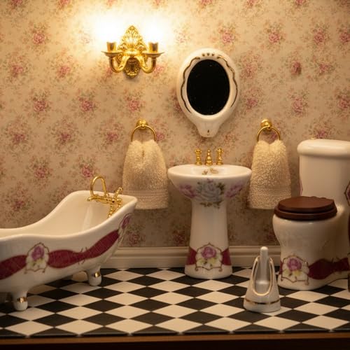 Dollhouse Bathroom Set 5PCS Miniature Porcelain Furniture 1/12 Victorian Dollhouse Furniture White Ceramic Toilet Bathtub Washbasins Decoration Accessory (Red) - style: Red