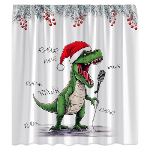 Christmas Shower Curtain Funny Dinosaur Singing Santa Hat Snowy Pine Tree Leaves Berry Cute Cartoon Dino Creative Winter Holiday Happy New Year Bath Curtain with Hooks - size: 35"W x 70"L (Pack of 1)