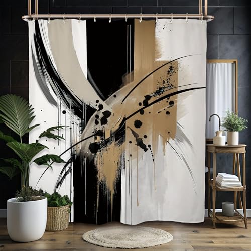 Miyotaa Abstract Modern Minimalist Shower Curtain Set 60Wx71H Inches Neutral Contemporary Brushstroke Aesthetic Art Black Tan Waterproof Bathroom Curtain with 12 Hooks - color: Black Tan Neutral, size: 60"W x 71"L (Pack of 1)