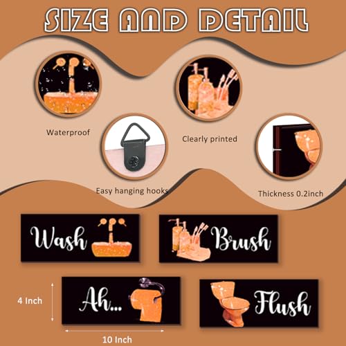 4 Pcs Orange Bathroom Decor Funny Orange And Black Wall Art Wooden Bathroom Accessories Modern Glitter Set for Home Toilet Decoration 10x4 Inches - color: Orange, size: 10 X 4 Inch