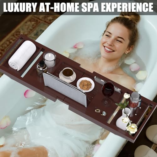 Bathtub Tray Caddy, Expandable Bath Trays for Tub, Bamboo Shelf & Table with Wine Glass Holder,Bathroom Accessories for New Home & Mothers Day & Birthday Gifts for Mom,Brown - color: Brown