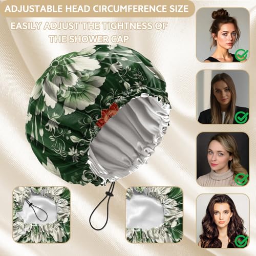 Shower Cap Adjustable Waterproof Double Layer Elastic Reusable Hair Bath Cap Cute Aesthetic for Women Girls-Green Flower - color: R5-Green Flower