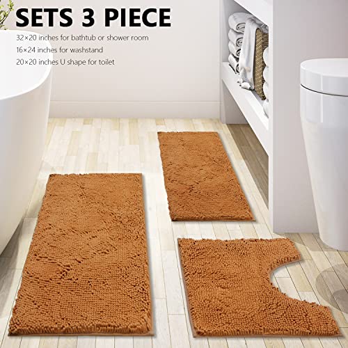 Bathroom Rugs Chenille 3-Piece Extra Soft and Absorbent Shag Bathroom Rugs, Machine Wash Mat, Strong PVC Non-Slip Underside, Plush Carpet Mats (Champagne) - color: Champagne, size: 2'8" x 1'8" (16x24"+20x32"+20x20"U shape）