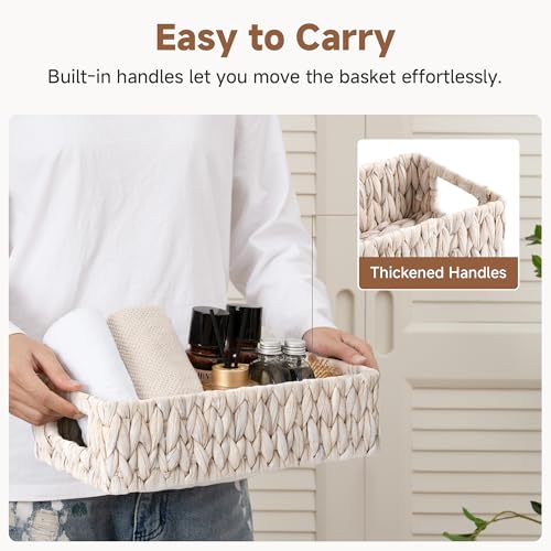 StorageWorks Wicker Toilet Paper Basket for Back of Toilet Baskets, Water Hyacinth Bathroom Basket Organizer and Storage for Tank Topper, Small Tank Trays for Decor with Built-in Handles, White - color: White (Water Hyacinth), size: 14¼" L x 6¾" W x 3¾" H