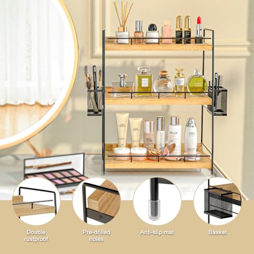3 Tier Bathroom Counter Organizer with Side Baskets, Wood Countertop Vanity Shelf,Sturdy Metal Frame fits Tall Bottles - color: Brown