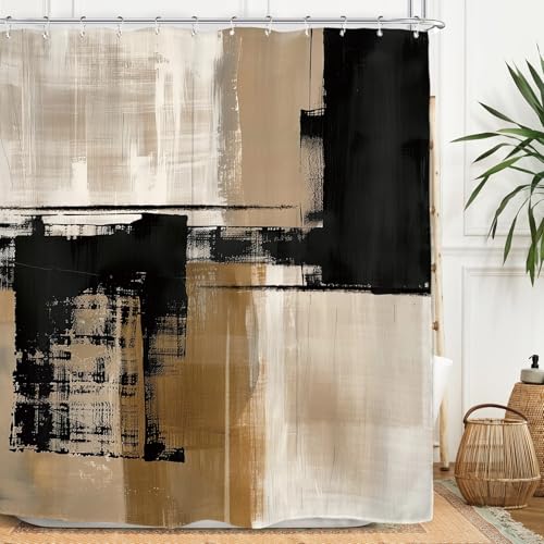 Miyotaa Abstract Minimalist Modern Shower Curtain Set 60Wx71H Inches Black Tan Neutral Contemporary Brushstroke Art Waterproof Bathroom Curtain with 12 Hooks - color: Black Tan, size: 60"W x 71"L (Pack of 1)
