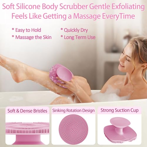 Soft Silicone Body Scrubber, Gentle Like a Hand Exfoliating Your Skin and Build Up Lather Easily, Back Large Suction Cup Easy to Store, Long-Lasting & Deep Clean (Pink) - color: Pink