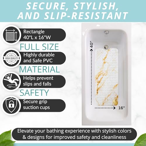 ENKOSI Bath Mat – Large 40 x 16 Inch Non-Slip Bathtub Mat with Secure Suction Cups & Drain Holes – Extra Long Bathroom Shower Mat for Tub with Marble Gold Design (40x16 Marble Gold) - color: Marble White Gold