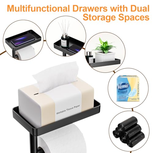Freestanding Toilet Paper Holder Stand with Storage, Rustproof Metal Bathroom Paper Stand with Weighted Anti-Slip Base, Fits 4 Spare Rolls and Shelf for Phone & Small Items, No Drilling - color: Black-style a