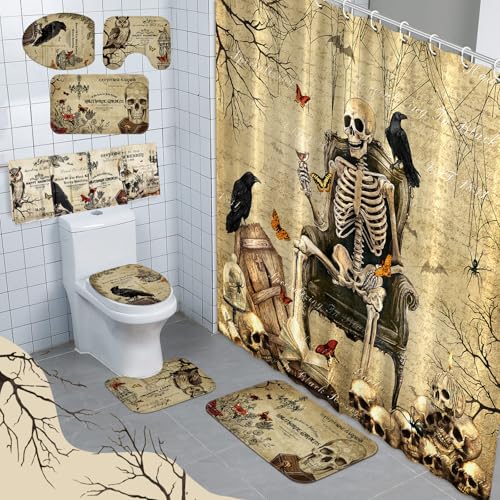 FuWeave 8 Pcs Gothic Shower Curtain Set for Bathroom Include Vintage Skeleton Towels Non Slip Skull Rugs Toilet Lid Cover Spooky Spider Web Bath Mat and 12 Hooks for Gothic Bathroom Decor - color: Gothic Skeleton