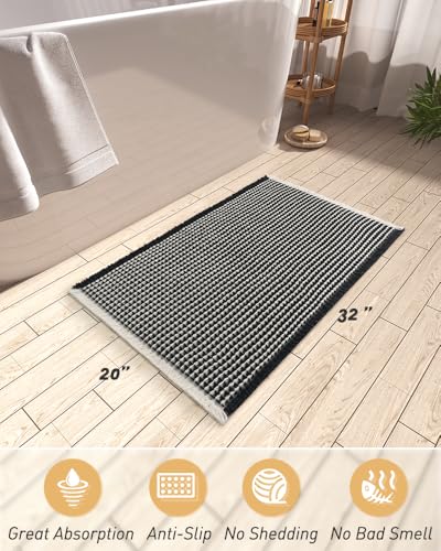 AMOAMI Upgraded Waffle Bath Mat, Super Absorbent Non Slip Bath Mats for Bathroom Floor, Machine Washable Bathroom Rugs with Tassels, Rubber Backed Bathroom Mats, Ultra Soft, 20" x 32",Black & Cream - color: Black & Cream, size: 1'8" x 2'8" (Rectangular)