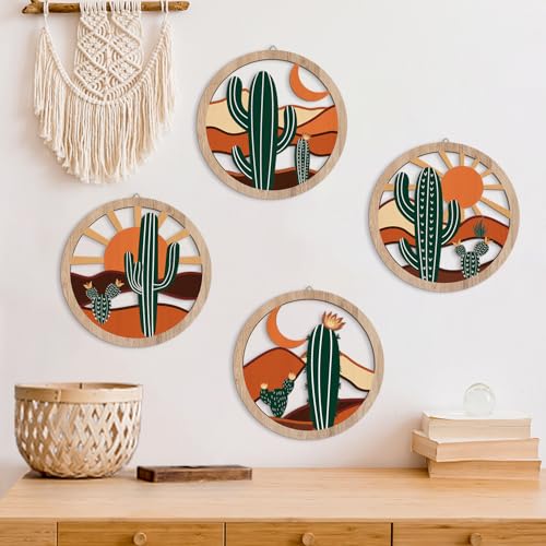 HPNIUB Boho Cactus Wall Decor, Rustic Desert Tropical Botanical Hanging Wood Sign for Living Room, Round Southwest Plant Wooden Plaque, Sun and Moon Wall Art for Apartment Office(10''x10'') - color: Boho desert&cactus