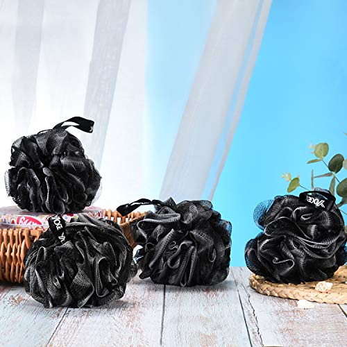 Yoget Bath Loofah Sponge, 4 Pack Black 60G Shower Mesh Ball Soft Pouf Body Scrubber, Exfoliate, Cleanse, Soothe Skin, Black Loofah with White Trim - style: Black