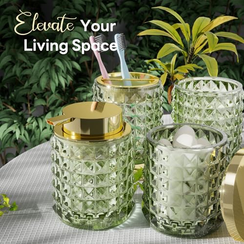 XLHOMO Bathroom Accessory Set with Plastic Wicker Basket,Glass Bathroom Accessories Set Green Bathroom Sets Bathroom Set, Diamond Soap Dispenser and Toothbrush Holder Set for Bathroom Decor - size: Bath Set+Storage basket