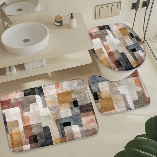4Pcs Mid Century Shower Curtain Set, Beige Brown Grey Modern Bathroom Shower Curtain with Rugs and Accessories, with Non-Slip Rugs, Toilet Lid Cover and Bath Mat for Bathroom Decor Set - color: Beige