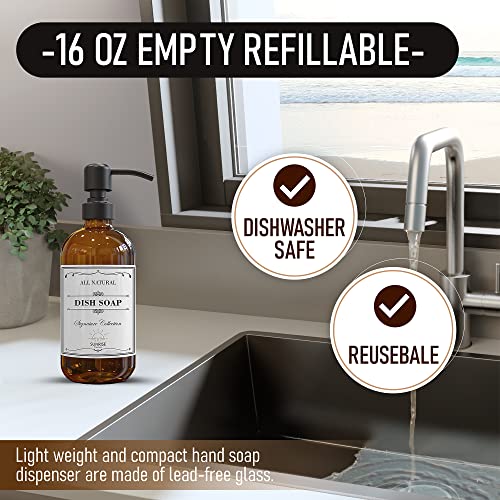 Sunrise Premium 2 Pack Amber Glass Soap Dispenser 16 OZ with Matte Black Stainless Steel Pump, Hand and Dish Soap Dispenser Set for Bathroom and Kitchen Sink with 6 Waterproof Labels - color: Matte Black Ss Pump - Amber Glass
