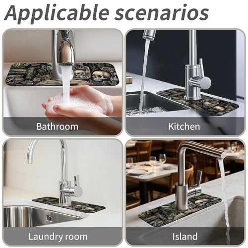 Kitchen Sink Splash Guard，Books and skulls Faucet Mat Sink Gadgets-Super Absorbent Fast Drying Mat Drip Catcher for Kitchen, Bathroom,Sink Mat, Dish Drying Mat, Bathroom(15" X 5.5" ) - color: Books and skulls