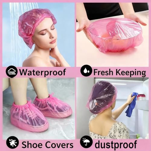 200 PCS Disposable Shower Caps Thickened Waterproof Hair Bath Caps for Women Men Girls Travel Spa Hotel Home Use Salon - Multi-Purpose Elastic Plastic Shower Caps, Essentials Accessories 18.1" (Pink) - color: Pink