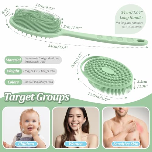Silicone Back & Body Scrubber Set 2PCS, 13.4'' Gentle Exfoliating Back Scrubber with Dual-Side Head and Non-Slip Handle, Hygienic Silicone Loofah with Soft Bristles and Massage Dots(Green-2PC) - color: Green*2