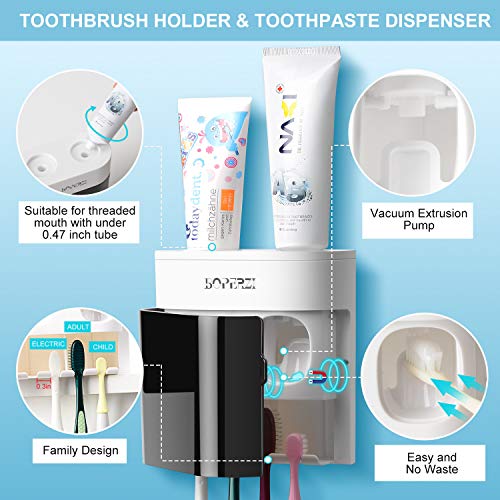 Boperzi Dustproof Cover Toothbrush Holder Wall Mounted Automatic Dispenser for Shower Bathroom Set with 2 Toothpaste Squeezers(No Electric, No Light) - color: Black