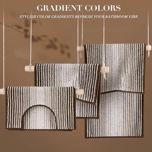 BSICPRO Bathroom Rugs Sets 3 Piece, Toilet Rugs U-Shaped Contour Bath Mat Set, Striped Absorbent Non Slip Chenille Shower Mat, Brown - color: Brown, size: 20"x32"+16"x24"+U Shape 20"x24"