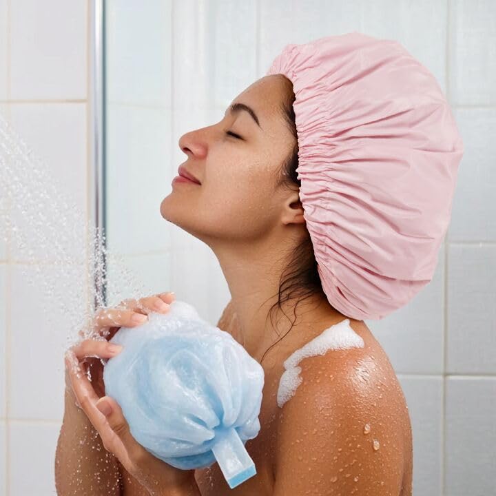 Edoneery Reusable Shower Caps for Women, Waterproof Long Hair Bonnet | Washable Design, Wide Elastic Band, Large Fit, Holds Long Hair, Braids Friendly, Bath Accessories, Spa, Travel - color: Pink
