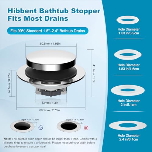 Hibbent 2 Pack 3 in 1 Metal Bathtub Drain Stopper, Universal Pop Up Tub Stopper with Removable Filter Basket, Anti-Clogging Bathtub Hair Catcher for 1.5''~2.4'' Drain, Brass Bullet Core, Chrome - color: Chrome Finish