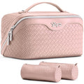 BOYATU Travel Makeup Bag Cosmetic Bags for Women: Large Capacity 3 Pcs Set Make up Bag with Compartments - Waterproof Vegan Leather Toiletry Organizer Bags with Handle (L04 Light Pink) - color: L04 Light Pink