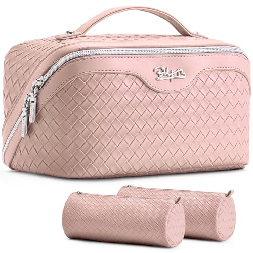 BOYATU Travel Makeup Bag Cosmetic Bags for Women: Large Capacity 3 Pcs Set Make up Bag with Compartments - Waterproof Vegan Leather Toiletry Organizer Bags with Handle (L04 Light Pink) - color: L04 Light Pink