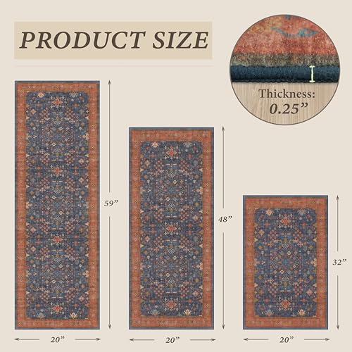 JTJ Farmhouse Kitchen Rug Set of 3 with Runner, Washable Non-Slip Low Pile Kitchen Mats, Navy Blue Vintage Distressed Floor Rugs for Sink, Laundry Room, Entryway & Hallway - color: Blue / Terracotta