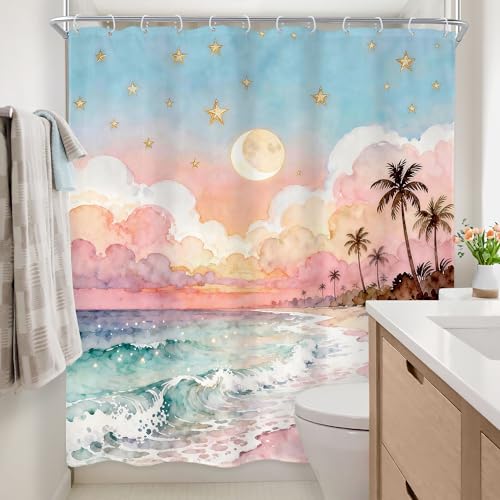 Newsely Ocean Shower Curtain 60Wx72L Inch Pink and Blue Sea Waves Watercolor Painting Palm Trees Moon Sky Cloud Girly Bathroom Set Sunrise Sunset Waterproof Bath Decoration Accessories Home Decor - color: A-02pink Beach, size: 60"W x 72"L (Pack of 1)