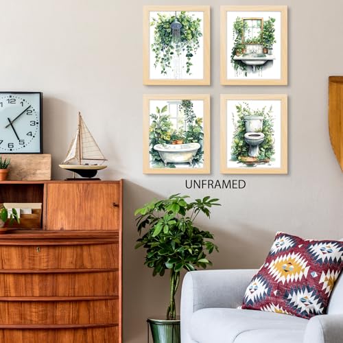 PUHEI Botanical Bathroom Wall Art Prints Set of 4, Sage Green Funny Floral Bathroom Wall Posters Decor,Sage Green Botanical Wall Decoration Poster Prints (8x10 Inches UNFRAMED)