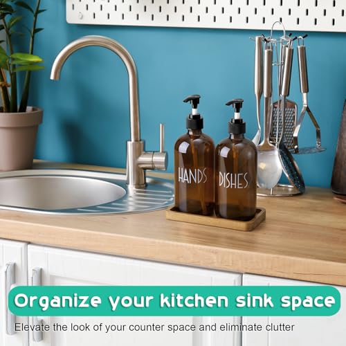 ALELION Amber Dlass Soap Dispenser for Kitchen - 16 OZ Hand and Dish Soap Dispenser Set with Acacia Wood Tray - for Kitchen Decor and Accessories - color: Amber