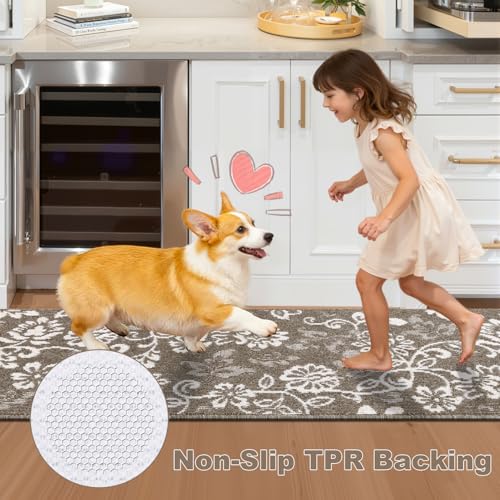 LOKHOM Boho Kitchen Rugs Sets of 3, Non Slip High-Low Textured Kitchen Mats for Floor with Rubber Backing, Paisley Floral Washable Carpet Runner for Hallways Entryway Laundry Sink (Brown & White) - color: Brown, size: 24"x35"+24"x48"+24"x60"