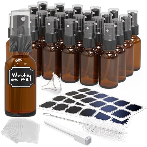Nevlers 1 Oz Amber Glass Spray Bottles for Cleaning & Refreshment 24 Pack | Small Travel Spray Bottle w/ Shrink Wrap, Funnel, Brush, Marker & Labels | Fine Mist Sprayer | Mini Perfume Refillable Bottle - color: Amber