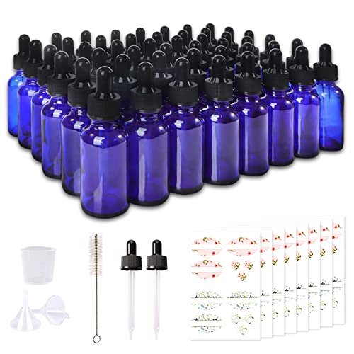 48 Pack 1oz Cobalt Blue Glass Bottles with Glass Eye Droppers for Essential Oils, Perfumes & Lab Chemicals (Brush, Funnels, 2 Extra Droppers, 54 Pieces Labels & 30ml Measuring Cup Included) - color: Cobalt Blue-48pack