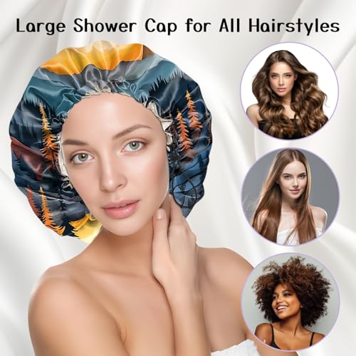 Luxury Shower Cap Silk Satin Lined Waterproof Reusable Adjustable Elastic Dry Hair Bathing Caps Cute for Women Girls-Sunset - color: C-12-Sunset