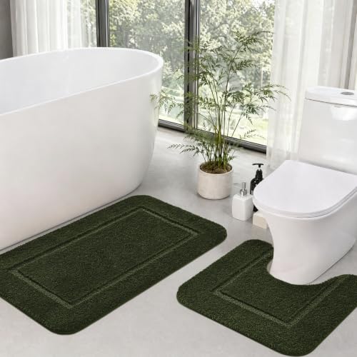LOCHAS Bathroom Rug Set Olive Green, Soft Bath Rug Set 2 Piece Set, Toilet Mat U-Shaped 20x20 and 34x20 Bath Rugs, Quickly Dry Mats for Bathroom, Tub, Washable, Super Absorbent Floor Mat - color: Olive Green, size: 34" x 20" Plus 20" x 20" (U-Shape)