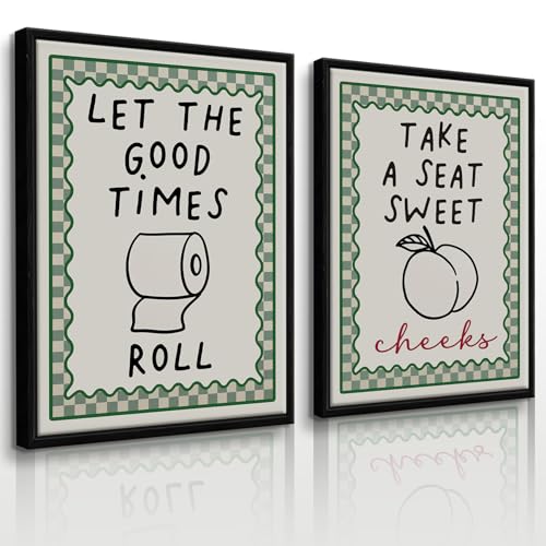 HDXUFJQ Black Frame Funny Bathroom Wall Art Retro Green Minimalist Bathroom Wall Decor Trendy Preppy Dorm Toilet Sign Prints Humor Canvas Picture for Restroom(8"x10") - color: Framed Two Bathroom Signs, size: 10"L x 8"W