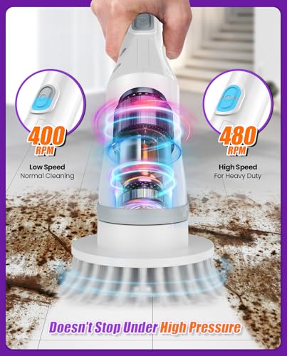 5-Head Electric Spin Scrubber, Shower Brush, Extension Handle | cordless power scrubber, adjustable reach, two speed control, IPX7 waterproof, bathroom floor, tile grout, tub edges, shower - size: 5heads