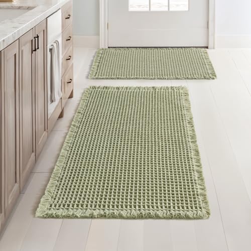 MIULEE Set of 2 Waffle Bathroom Rugs, Boho Bath Rugs Non Slip Washable, Super Absorbent Bath Mats, Ultra Soft Rubber Backed Shower Mats for Bathroom Floor, Tub, Sage Green, 17"x24"+18"x30" - color: Sage Green, size: 17''x24'' + 18''x30''