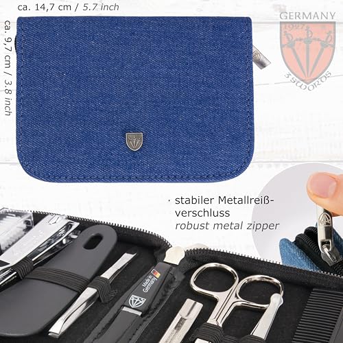 3 Swords Germany – brand quality 10 piece manicure pedicure grooming kit set for professional finger & toe nail care tweezers file clipper fashion leather case in gift box, Made by 3 Swords (7797) - color: JEANS-BLUE