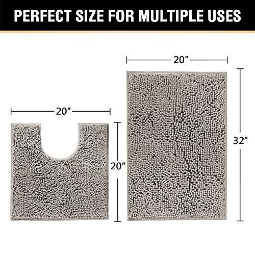 H.VERSAILTEX Original Shaggy Chenille 2 Piece Bath Rug Set, 20x20 Square U-Shape Contoured Toilet Mat & 32x20 Carpet Rug, Machine Wash/Dry Mats, Soft, Plush Rugs for Tub Shower (Dark Grey) - color: Dark Grey, size: 20" x 32" Plus 20" x 20"