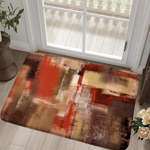 Red Orange Abstract Bath Rug, Modern Art Brown Rust Painting Bath Mat Sets for Bathroom, Soft Non Slip Floor Rugs 17X29 Inch - color: Red Orange