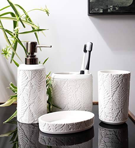 Hymmah Bathroom Accessories Set,Toothbrush Holder,Farmhouse Decor,4 Pcs Resin Gift Apartment Necessities, Contain Toothbrush Cup,Soap Dispenser & Dish,Tumbler - color: Leaf White
