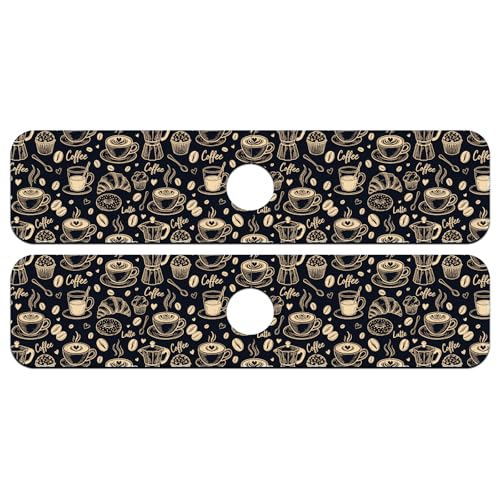 2 Pcs Kitchen Sink Splash Guard Faucet Mat Coffee Element Pattern Faucet Mat for Sinks Coffee Text Absorbing Drying Mats for Kitchen Bathroom, 23.6x5.5inch - color: Coffee Element Pattern
